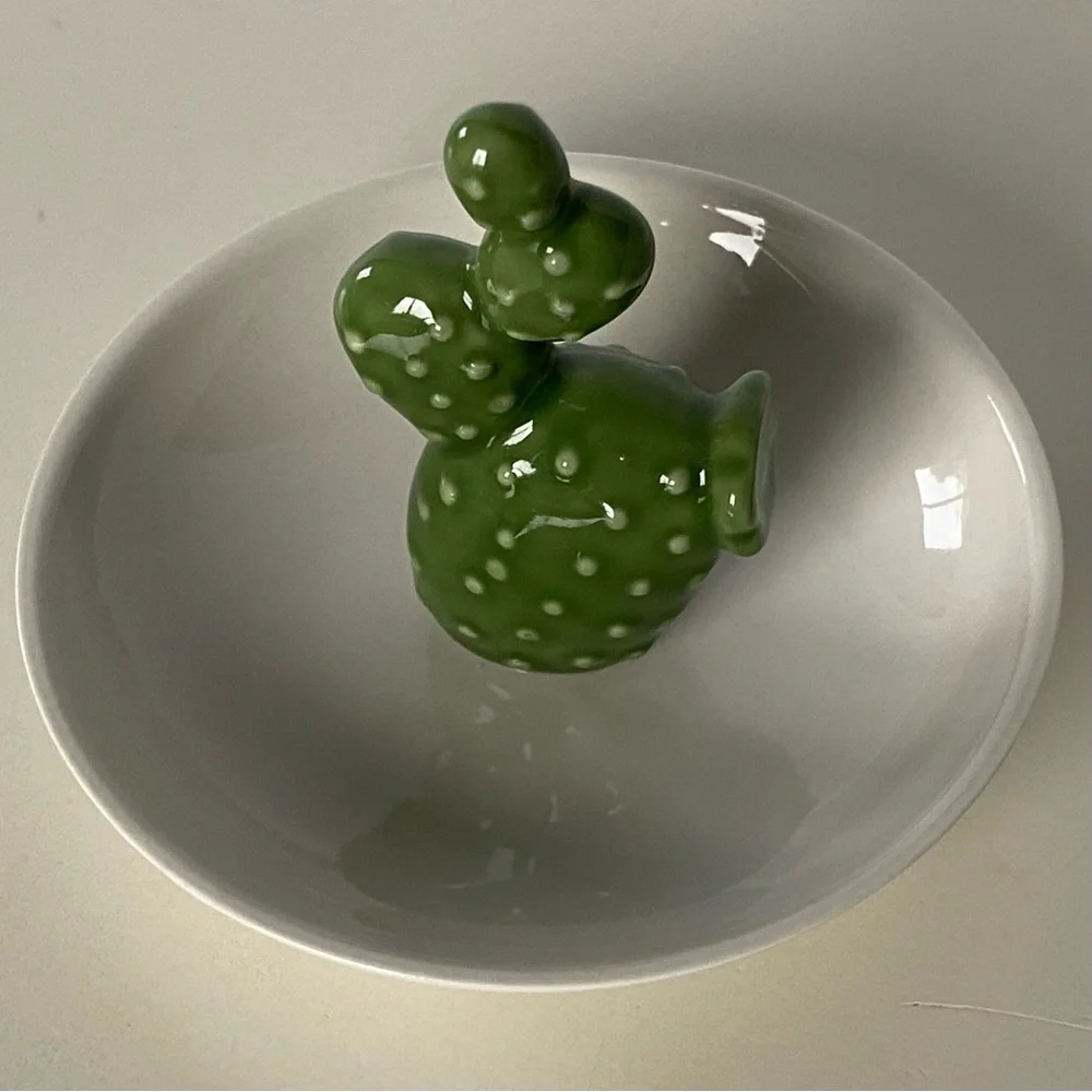 Cactus Ring Holder Dish Ceramic Vintage Jewelry Tray Green White Bowl Southwest